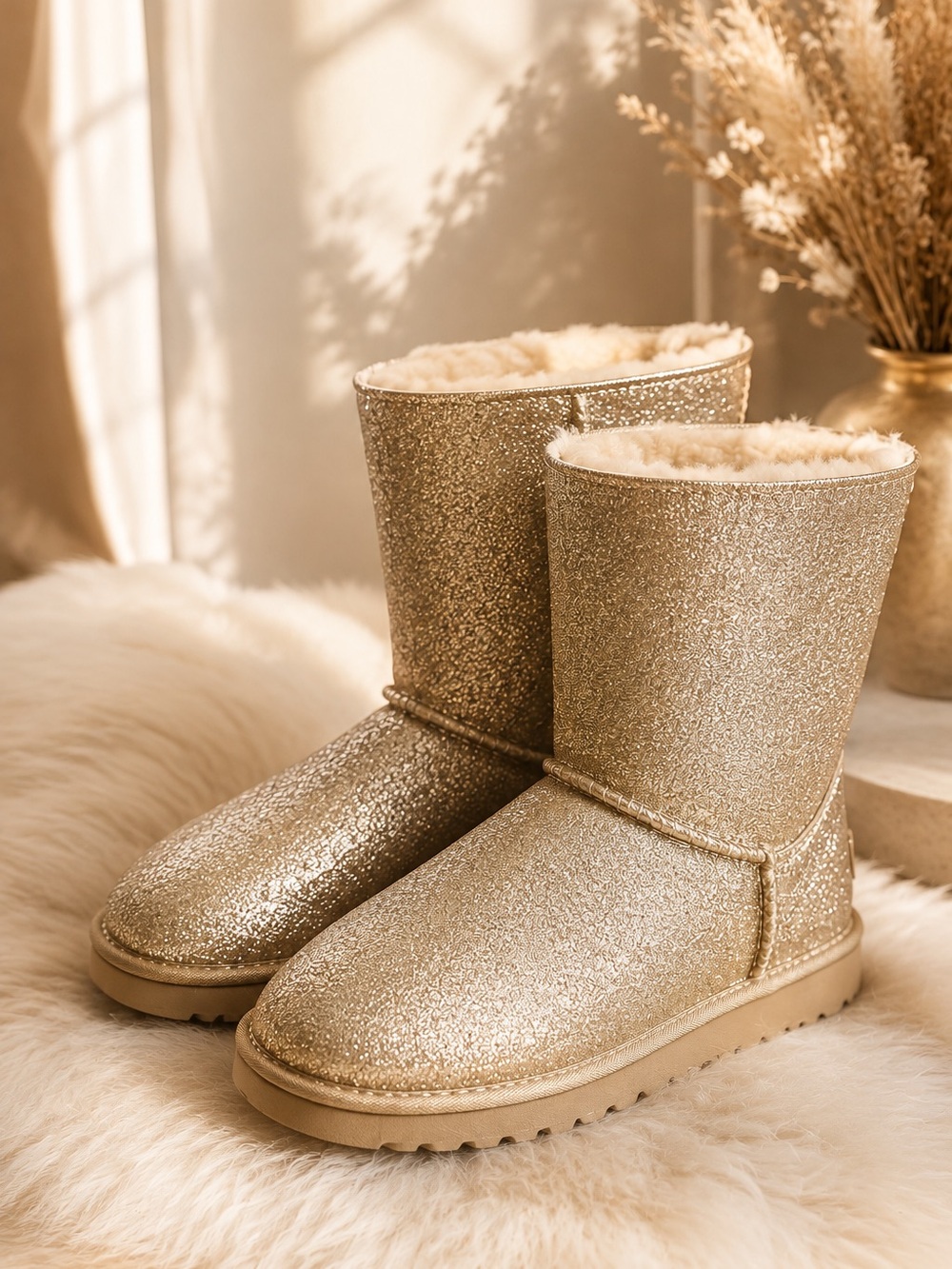 Authentic UGG Bailey Button Gold Bling Sparkle Boots – Size 8 (Excellent)